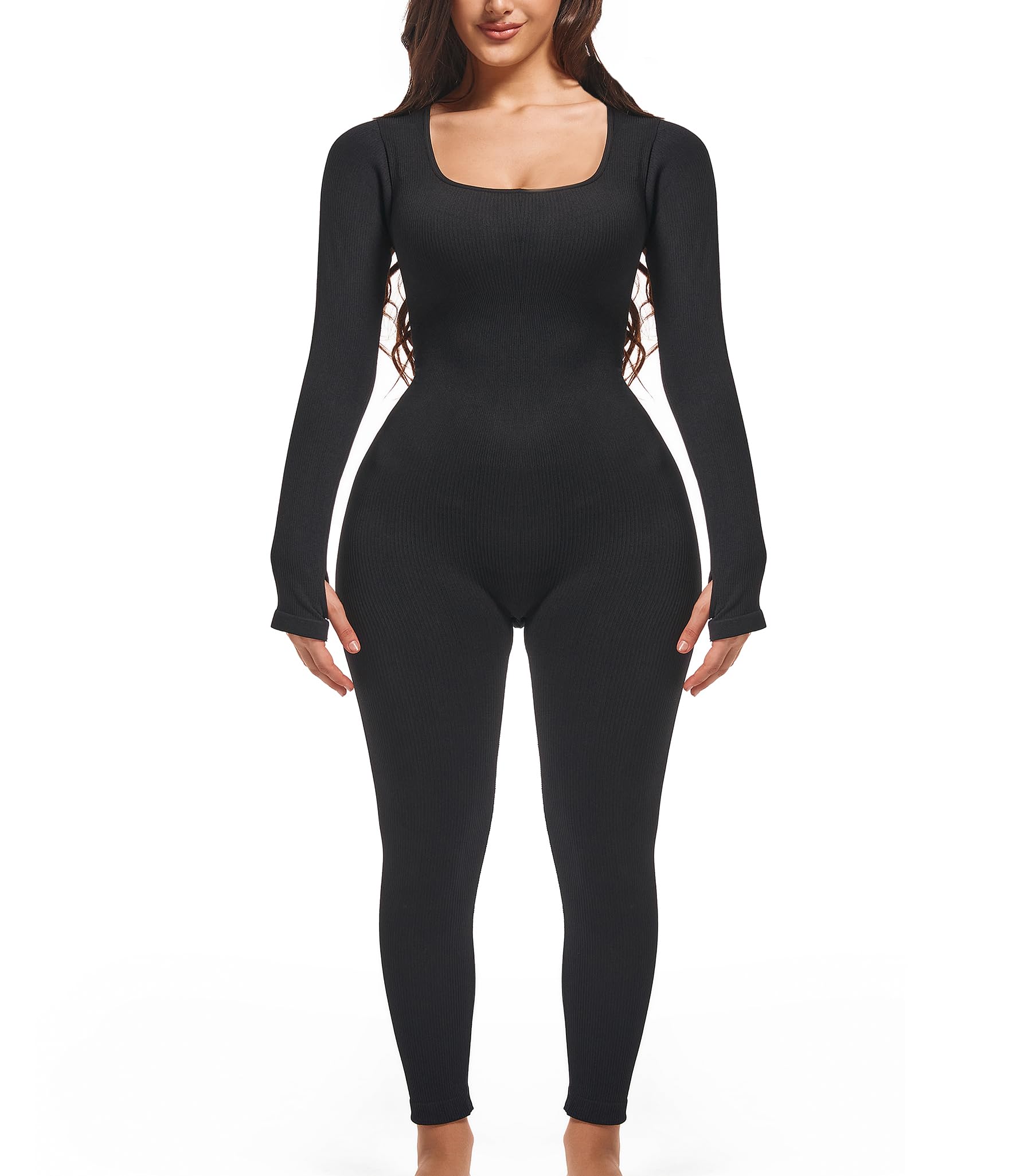Jengo Jumpsuits for Women Bodysuit Romper One Piece Body Full Suit Ribbed Long Pants Leggings Bodycon Playsuit Yoga Workout Outfit (Medium, Black)