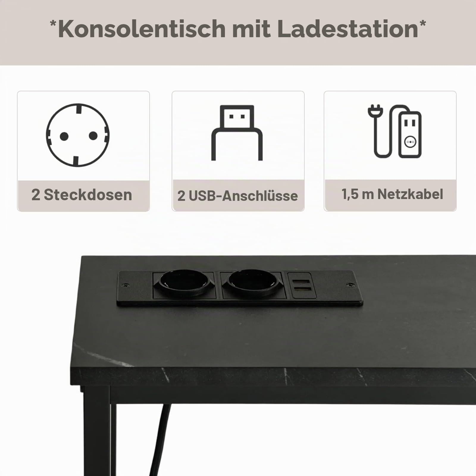 Konsolentisch mit 180 cm, 2 Steckdosen und 2 USB-Anschlüssen, Schmaler Eingangstisch im industriellen Stil, Hinter-dem-Sofa-Möbel für Wohnzimmer, Eingang, Flur, Halle, Faux-Marmor-Optik