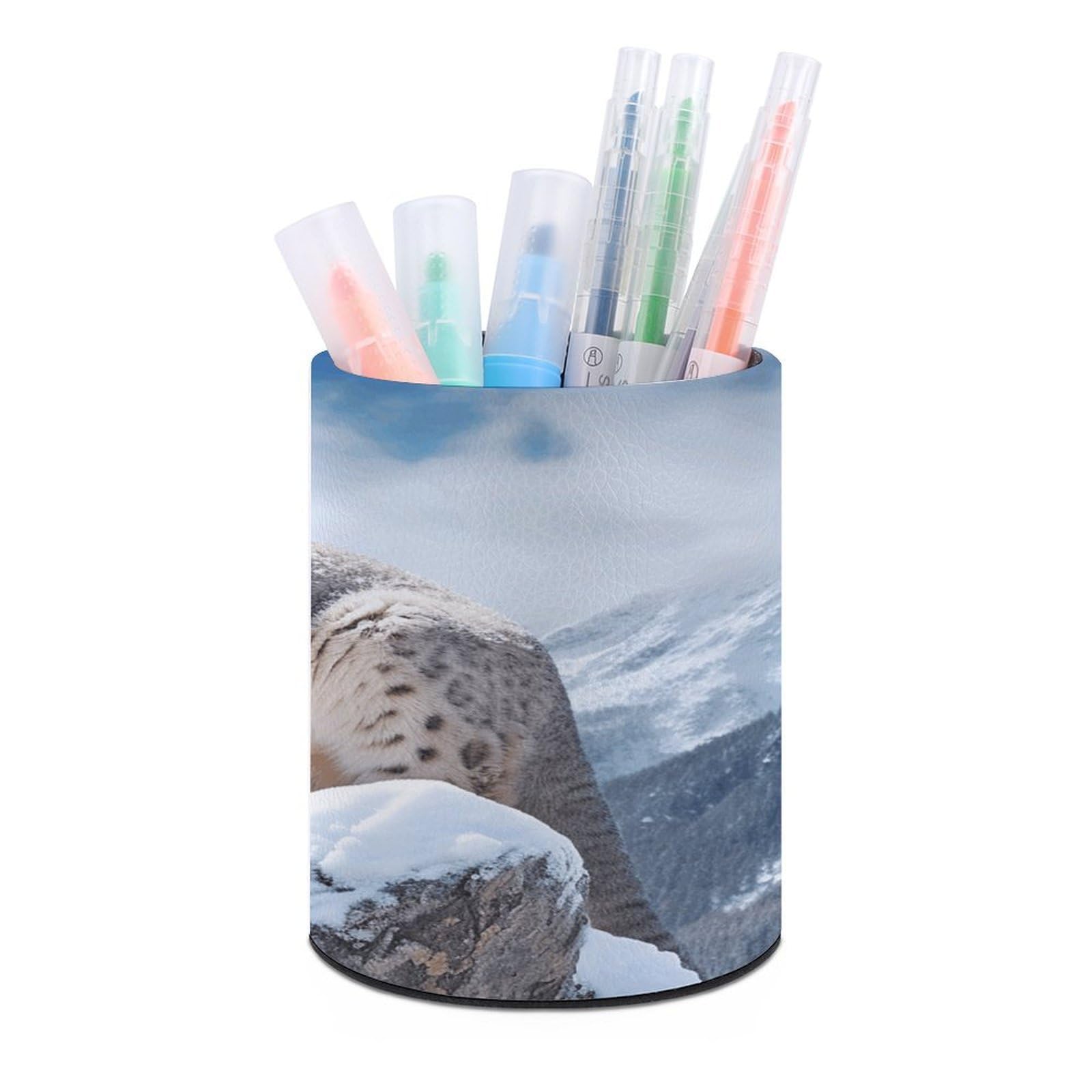 VstaDank Snow Leopard Mountain Pen Holder PU Leather Pencil Cup Minimalist Desk Pencil Holder Round Make Up Brush Organizers For Office Dorm Room&Vanity Desk Accessories
