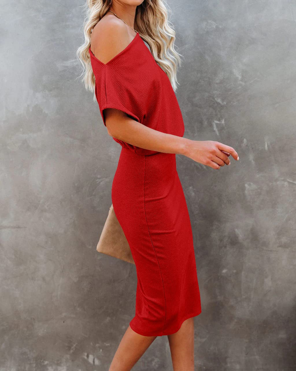 EZBELLE Vestido de verano para mujer, con hombros descubiertos, manga corta, acanalado, casual, para fiesta, vestido midi