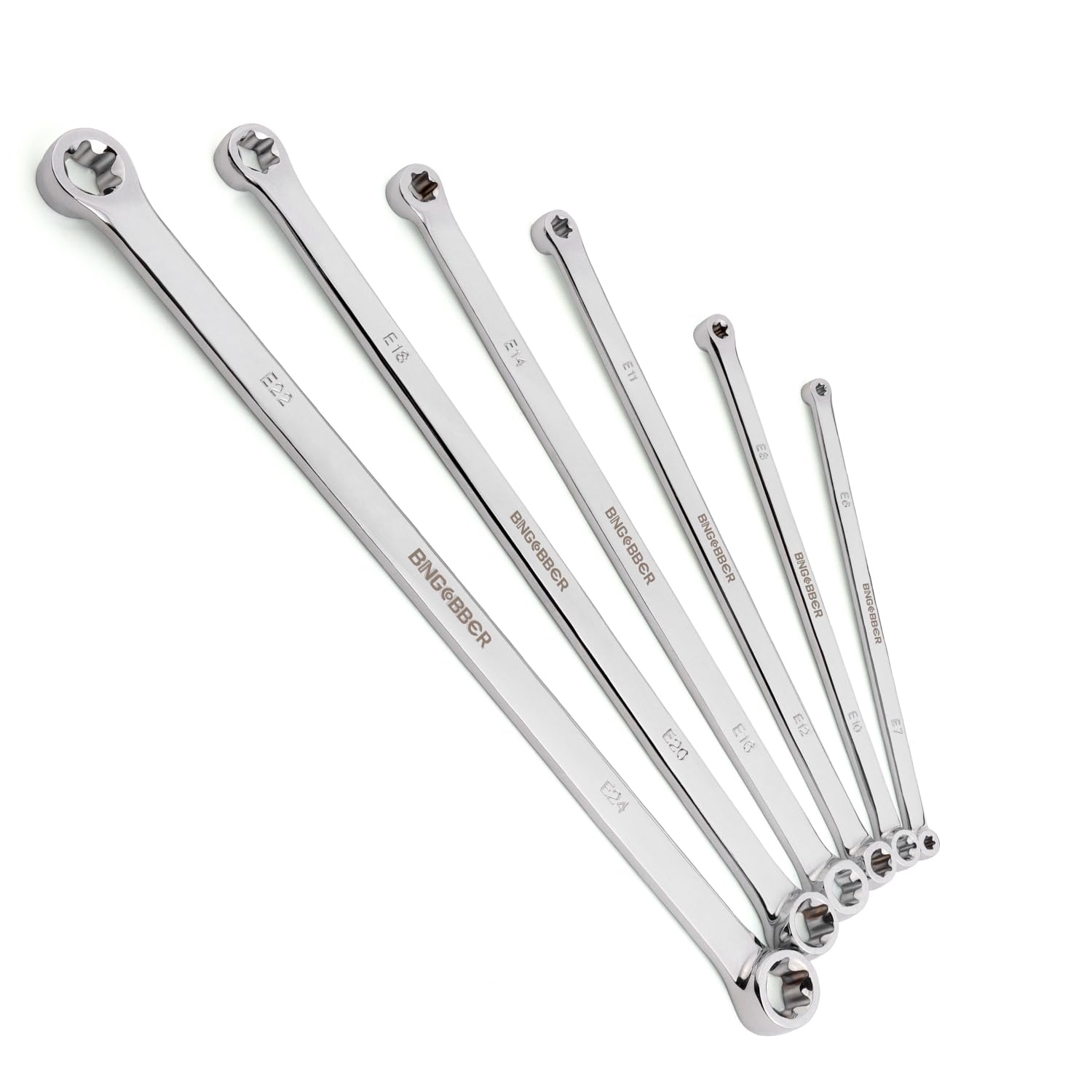 BINGCOBBER E-Torx Wrench Set 6PCS,Double Box End Wrench Set Extra Long E6-E24,CR-V Steel,Ideal for Car, Motorcycle, and Mechanical Maintenance