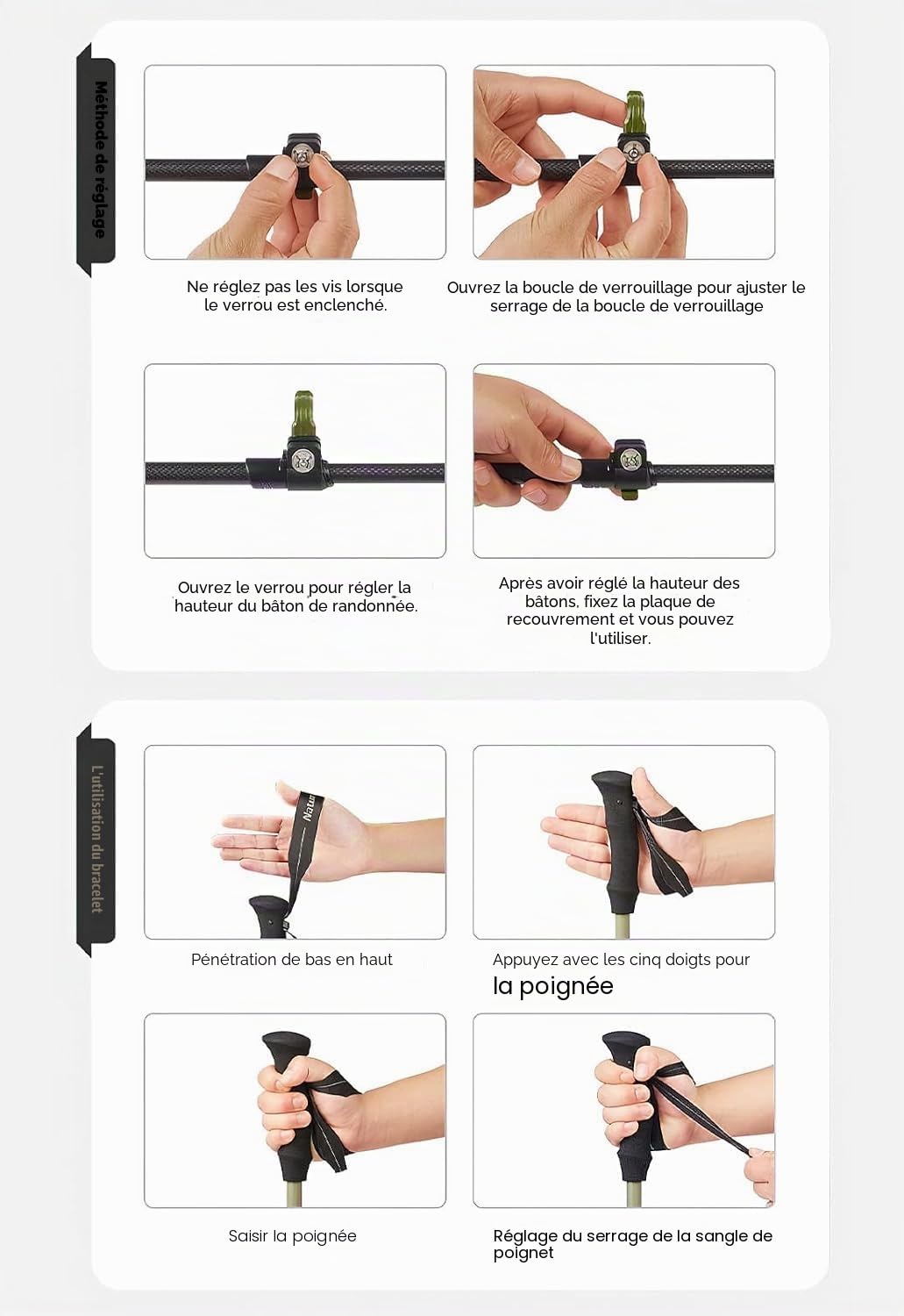 Naturehike Bâton de randonnée en fibre de carbone 3K pliable et télescopique 3 sections ultraléger pour homme et femme