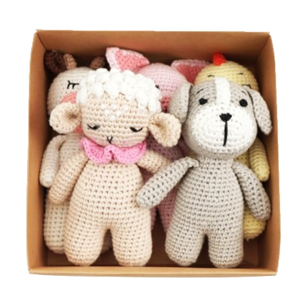 KITA Farm Gift Box - 5 Piece Cute Crochet Animal Gift Box Set Includes Cow, Lamb, Dog, Pig & Chick - Amigurumi Soft Stuffed Plush Toys for Children,