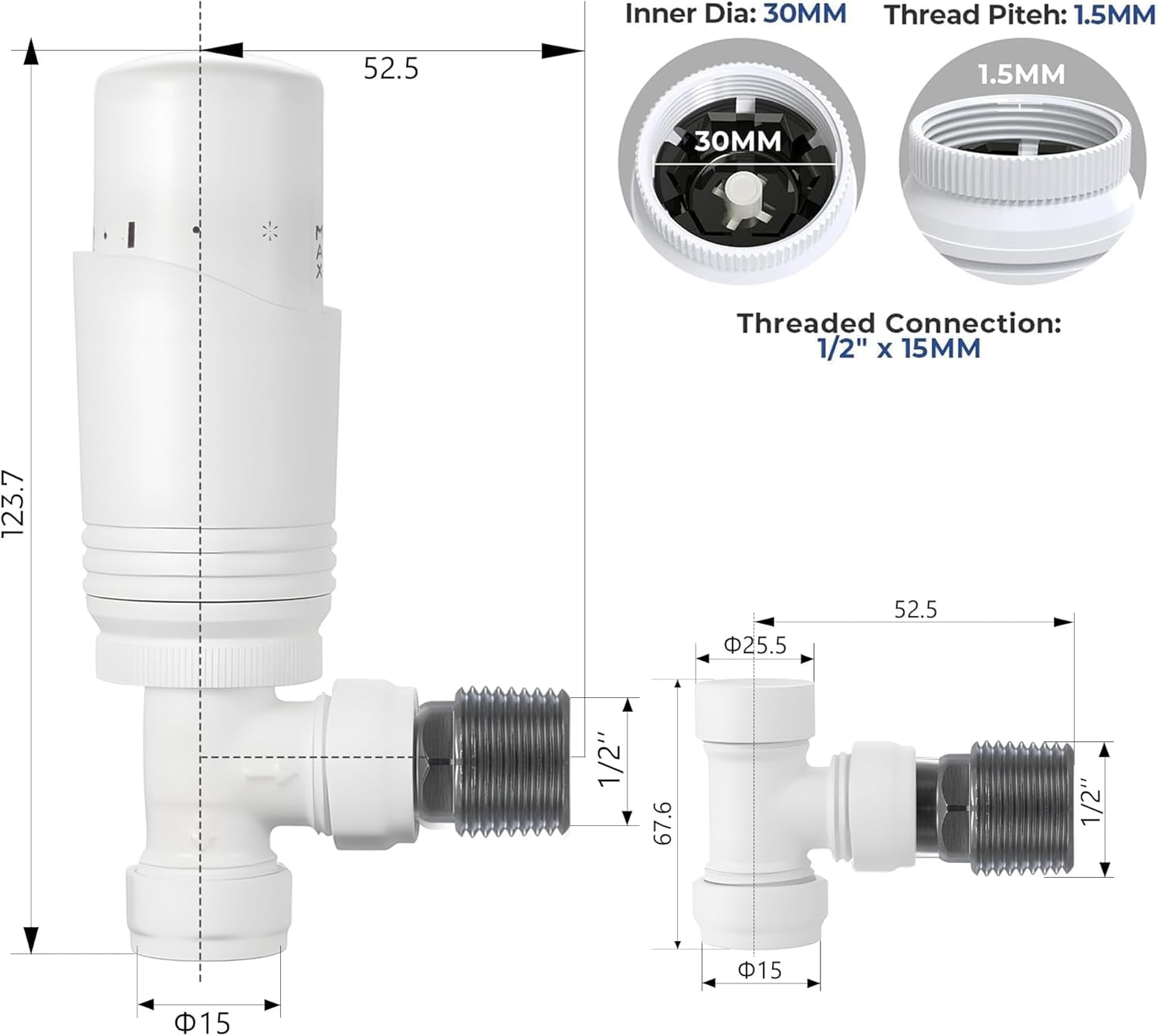 hep Online, valvola termostatica per radiatore 1/2 "× 15 mm, angolata con detentore, set termostato TRV, ottone H62, a risparmio energetico (angolo bianco TRV)