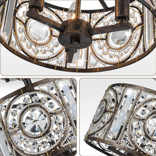 Image of Vintage Crystal Drum Chandelier, 3-Lights Bronze Finish Retro Chandelier Lighting Fixtures, Semi Flush Mount Ceiling Light for Dining Room Living Room Bedroom Entryway Etc.