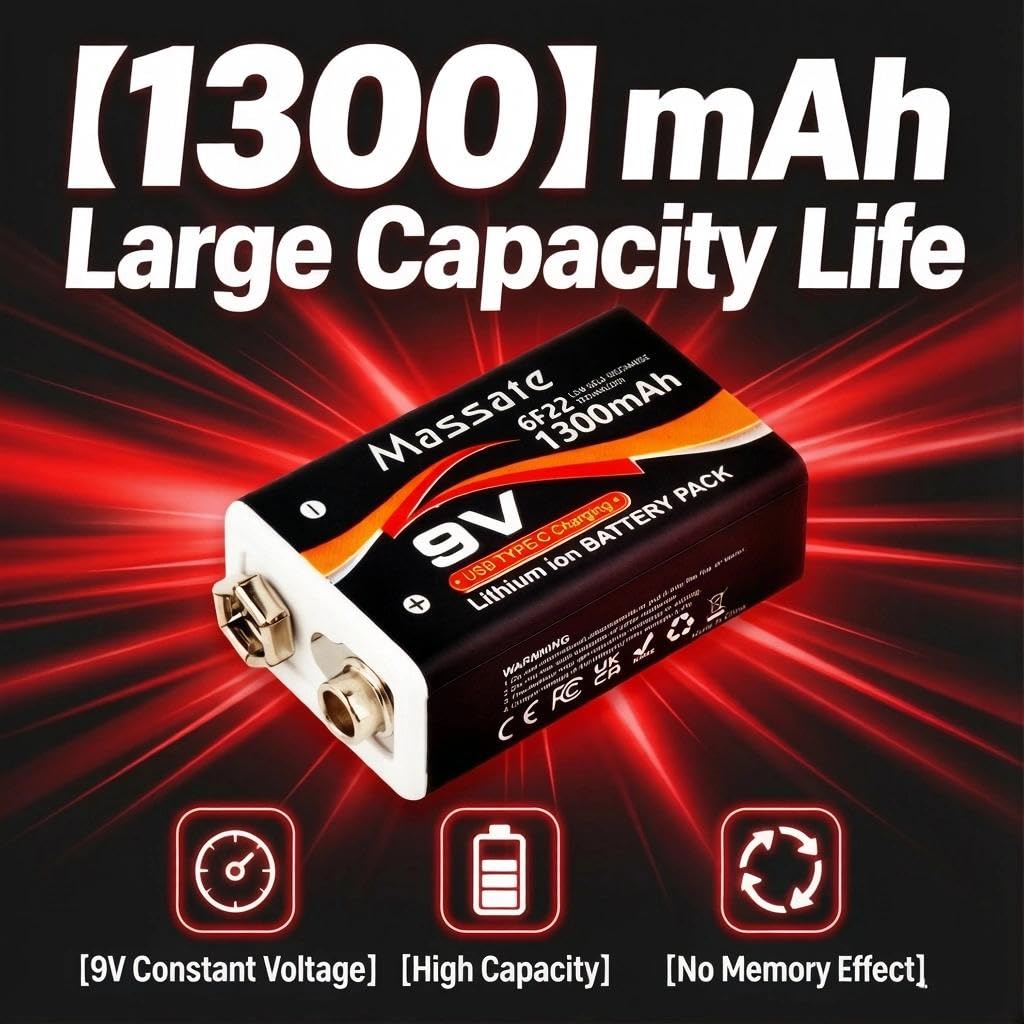 4 Pcs 9V Rechargeable Batteries 1300mAh, USB C Rechargeable Lithium Ion Battery with 4 in 1 Charging Cable, Long Lasting 9 Volt Battery for Smoke Detector, Guitar Pedal, Microphone - 2