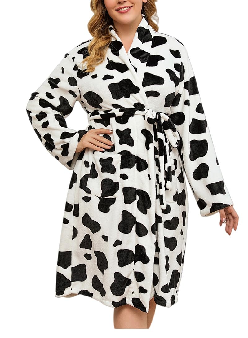 Schwarzer und weißer Plüsch-Bademantel mit Kuhmuster für Damen – Superweicher,warmer und lässiger Bademantel mit V-Ausschnitt – Bequeme,flauschige Loungewear für den Winter