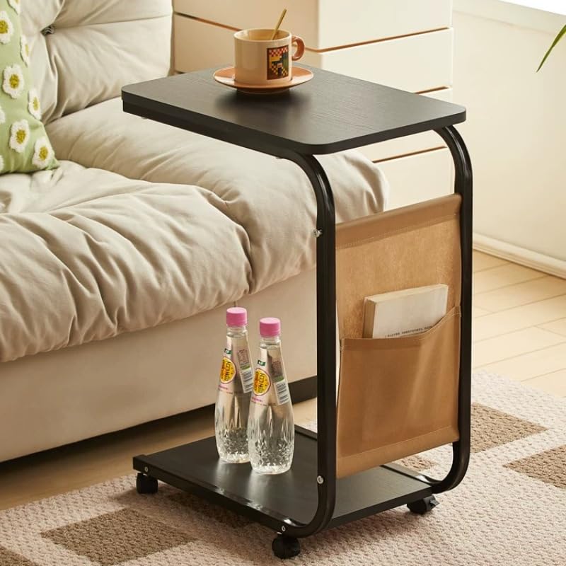C Shaped end Table, C Table with Wheels Snack Side Table Couch with Side Pocket Bed Vintage Laptop Table Narrow End Table That Slide Under Sofa Table for Living Room and Small Spaces Black (Black)