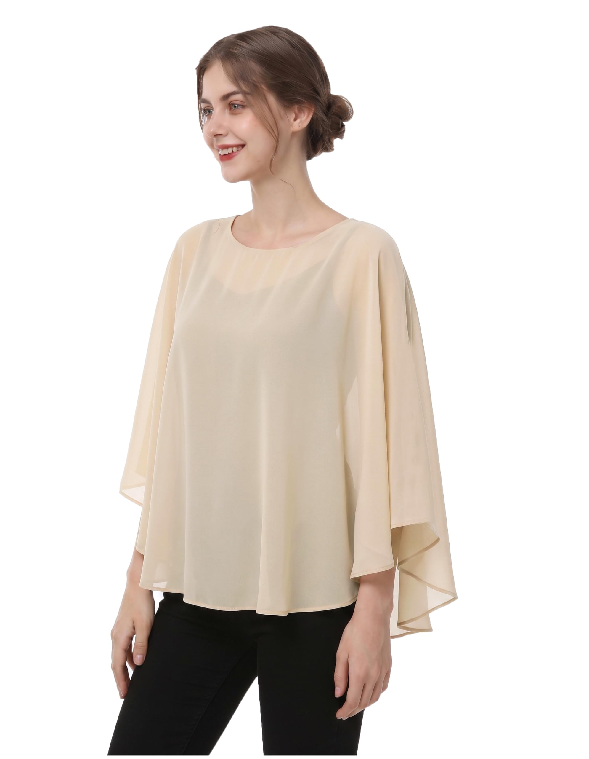 Capes for Womens Casual chiffon shawl Casual Chiffon Cape Sheer cape shawls and wraps Poncho Capelets Cover Up, Champagne, One Size