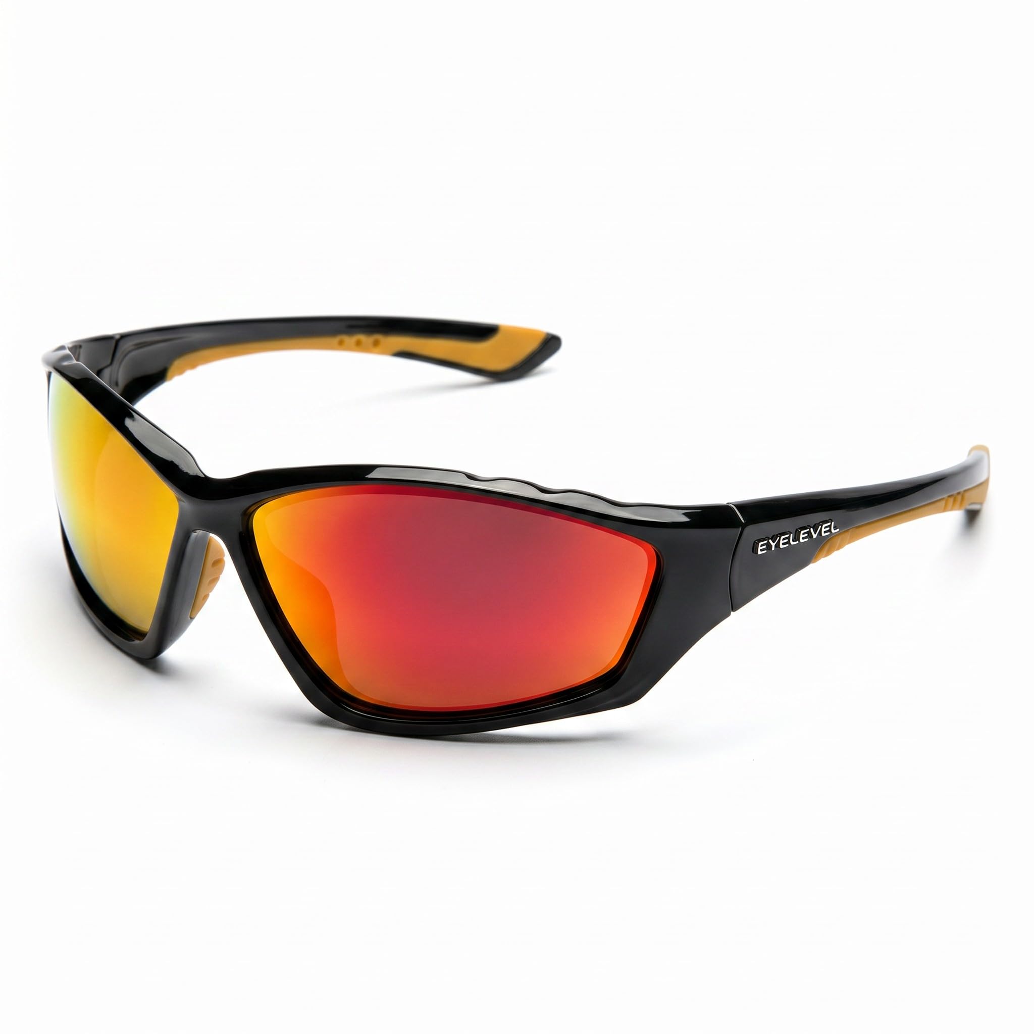 EyeLevel Bullet Polycarbonate Sport Sunglasses, Black Yellow Rubber Frame, Red Yellow Mirror Lens, UV400 Shatterproof Wraparound Sunglasses
