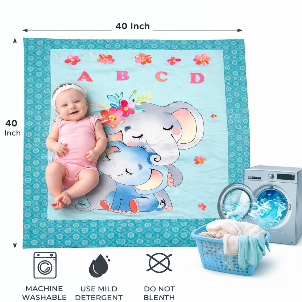 Baby Blanket 51 * 43 Inch ABC Alphabet Learning Surface with Cute Elephant Print Foldable Washable Crawling Mat for Infants & Toddlers Non-Slip Play Area Cotton Blend 2
