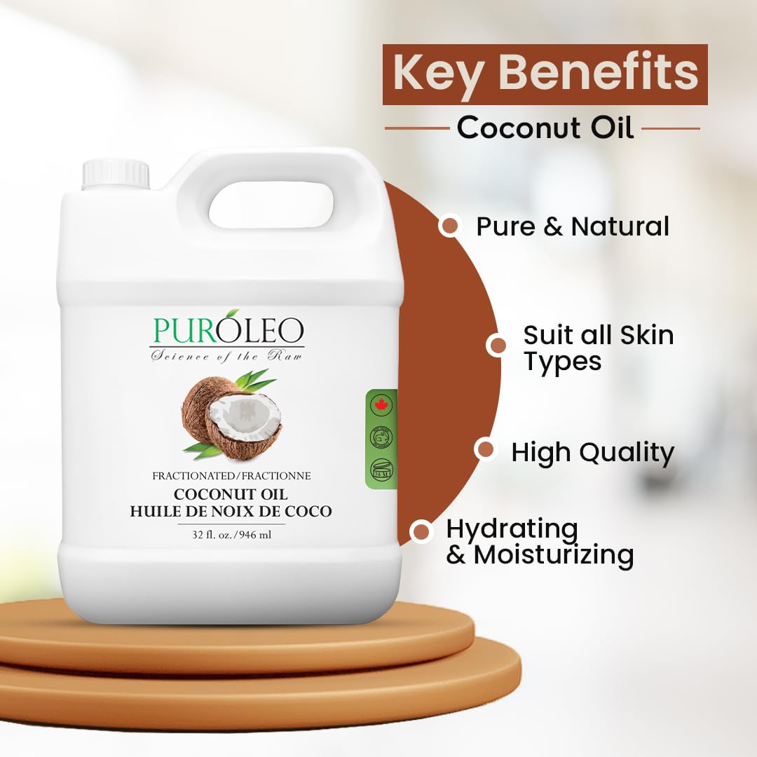 PURÓLEO Olio di cocco frazionato 100% naturale e inodore, 946 ml (prodotto in Canada) | Olio idratante e vettore | Corpo della pelle dei capelli, aromaterapia, massaggio, struccante..