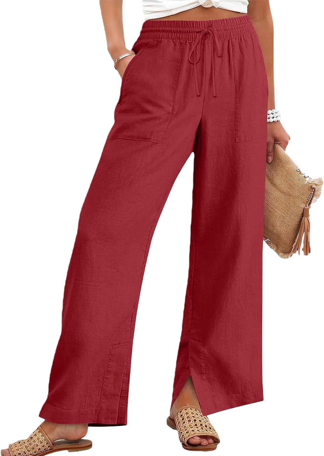 Linen Pants Women Summer Drawstring High Waisted Palazzo Pants Wide Leg Lightweight Beach Trousers Loose Fit Trouser