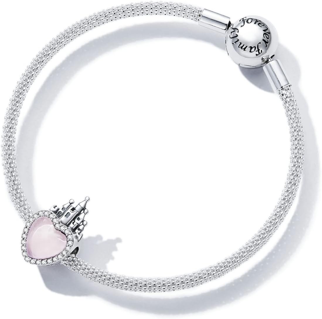 Pink Fairy Tale Princess Charms for Bracelets and Necklace, Dangle 925 Sterling Silver Cubic Zircon Cute Cartoon Princess Dress/ Magic Mirror/Makeup Box/Love Heart/Caste Pendant Beads for Women - Image 5