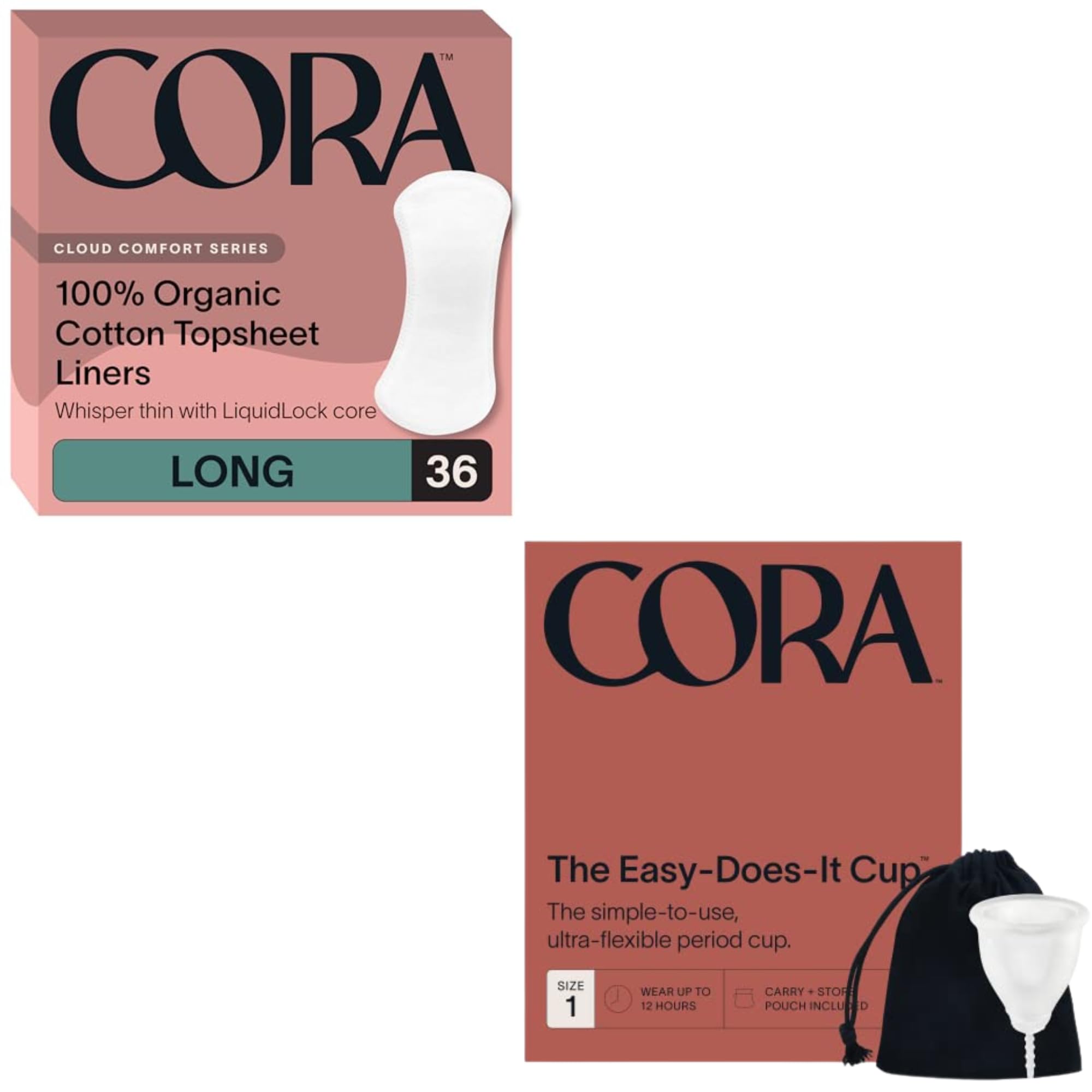 Cora Organic Feminine Care 36 Long No Wings Liners and a Menstrual Period Cup Medical Grade Silicone Eco-Conscious