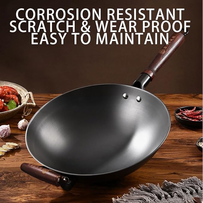 Wok de Hierro Fundido Negro 13 pulgadas Mango de Madera Antiadherente Físico miniatura 8