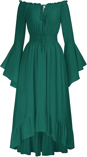 Scarlet Darkness Renaissance Faire Costume Women Off Shoulder Long Bell Sleeve High Low Dress