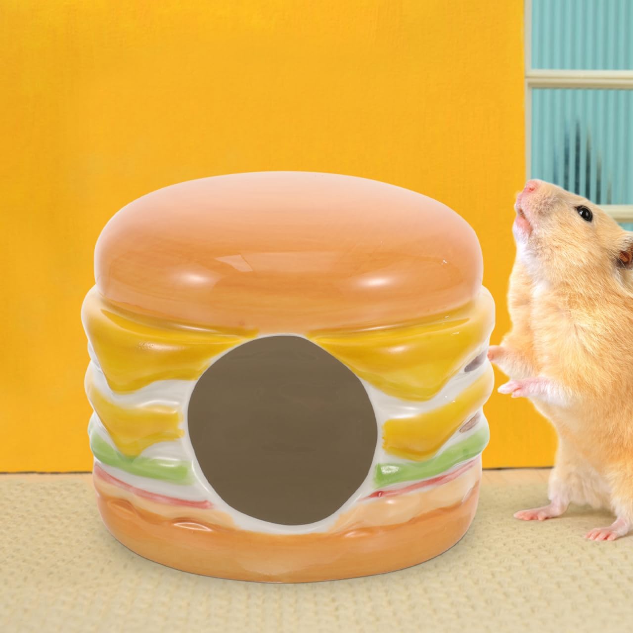 Didiseaon Ceramic Hamster Hideout Cooling Nest Small Pet House Burger Shape Comfortable Resting Habitat for Hamsters and Small Animals
