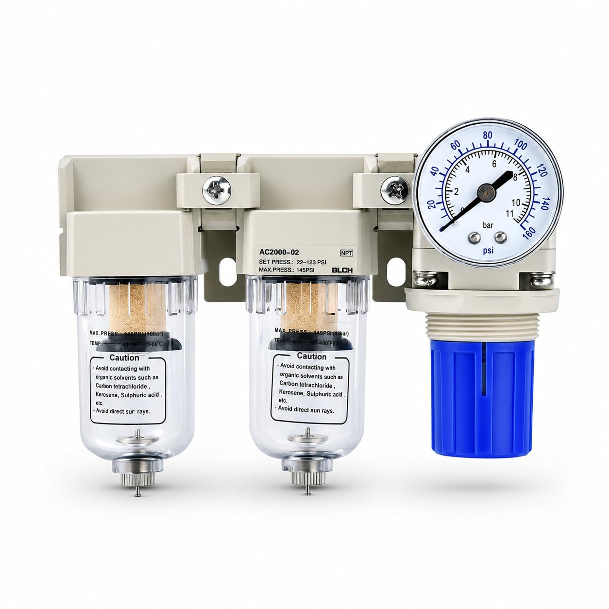 BLCH Secador de compresor de aire NPT de 1/4 pulgadas, filtro de compresor de aire doble, regulador de compresor de aire AC2000-02, medidor de cuenco de polietileno de drenaje manual, 0-160 PSI, 5 μm,