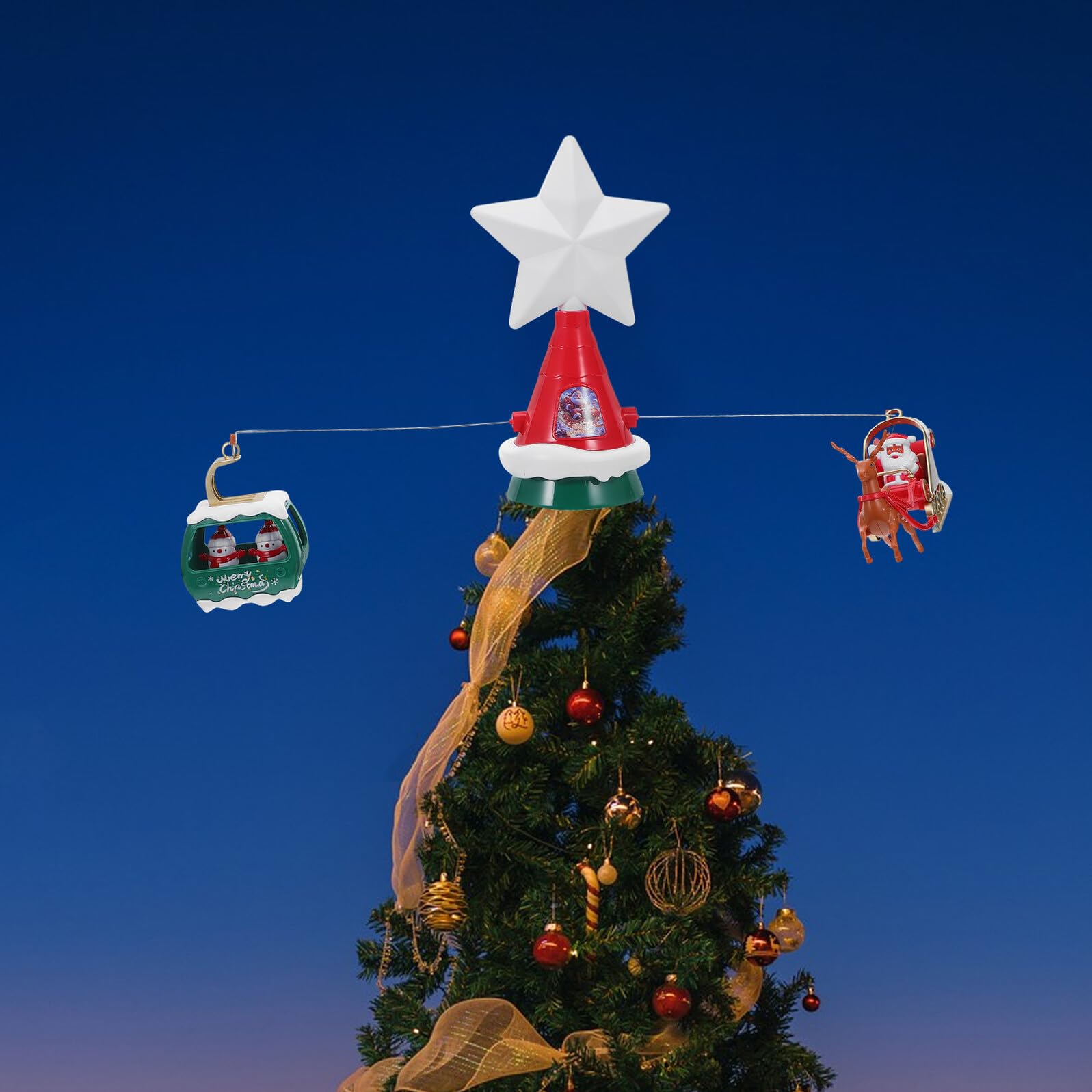 Baluue Étoile de Sapin de Noël Rotative avec Lumières Musicales Motifs Père Noël Traîneau et Bonhomme de Décoration Intérieure Extérieure pour Fêtes