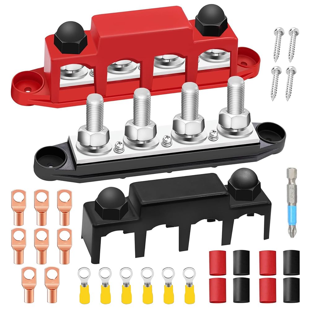 Busbar, 2 barre di erogazione, 12 V-48 V CC, 250 A, con 4 bulloni di serraggio M8, modulo ad alte prestazioni, blocco di distribuzione dell'energia, blocco di terra con coperchio, per auto, 2 pezzi