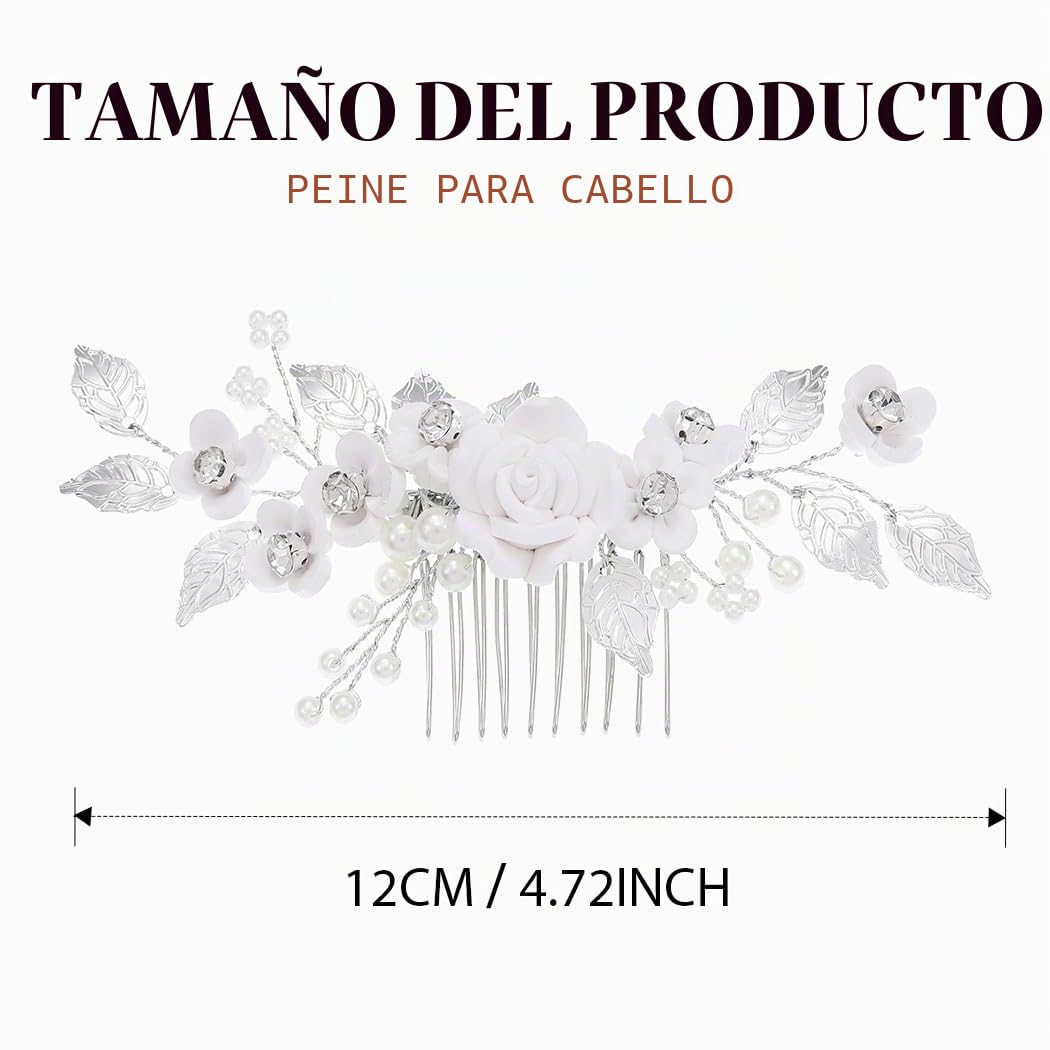 Peineta de boda con flores y perlas plateadas - Accesorio de cabello para mujer y niña