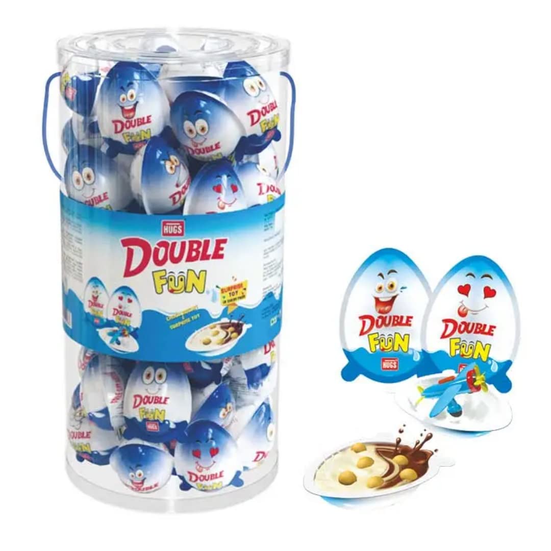 Hugs Double Fun Chocolate- Choco Biscuits Dipped In Chocolate And Milk Cream- Surprise Toy In Each Pack (60 Pcs + 3 Pcs Free) - 360 Gm