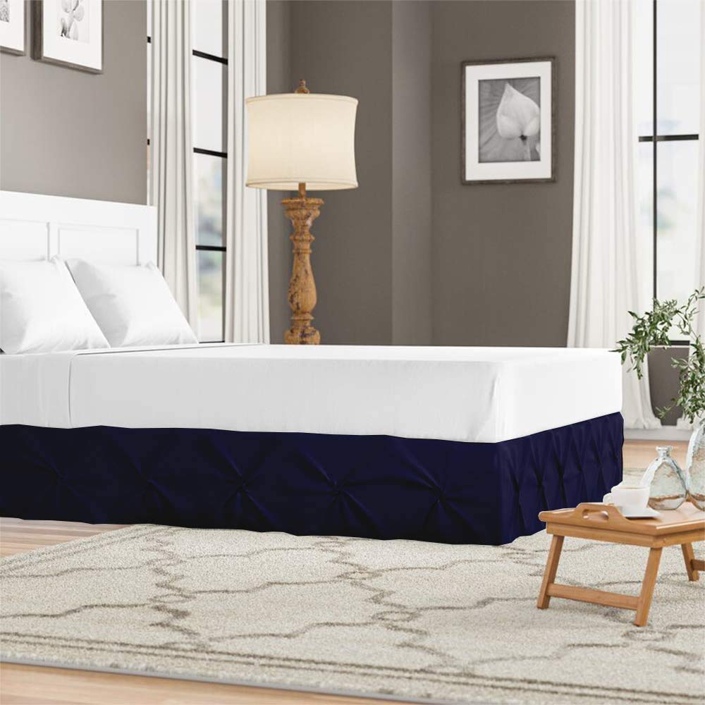 Pinch Pleated Split Corner Bed Skirt 15 Inch Drop 100% Long Staple Cotton 800 Thread Count, Sateen Weave Decorative & Easy to Wash Wrinkle & Fade Resistant (Queen XL Size, Navy Blue) Bed Skirt