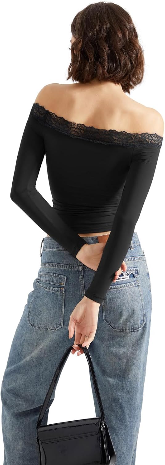 SUUKSESS Women Off Shoulder Double Lined Long Sleeve Shirts Basic Going Out Tops - Image 4