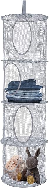 NCOALE Hanging Mesh Storage Net, 4 Tier Compartments Foldable Hanging Soft Toy Storage Basket Mesh Storage Bag, Space Saving Organizer for Toys Clothes Sundries (Gray)