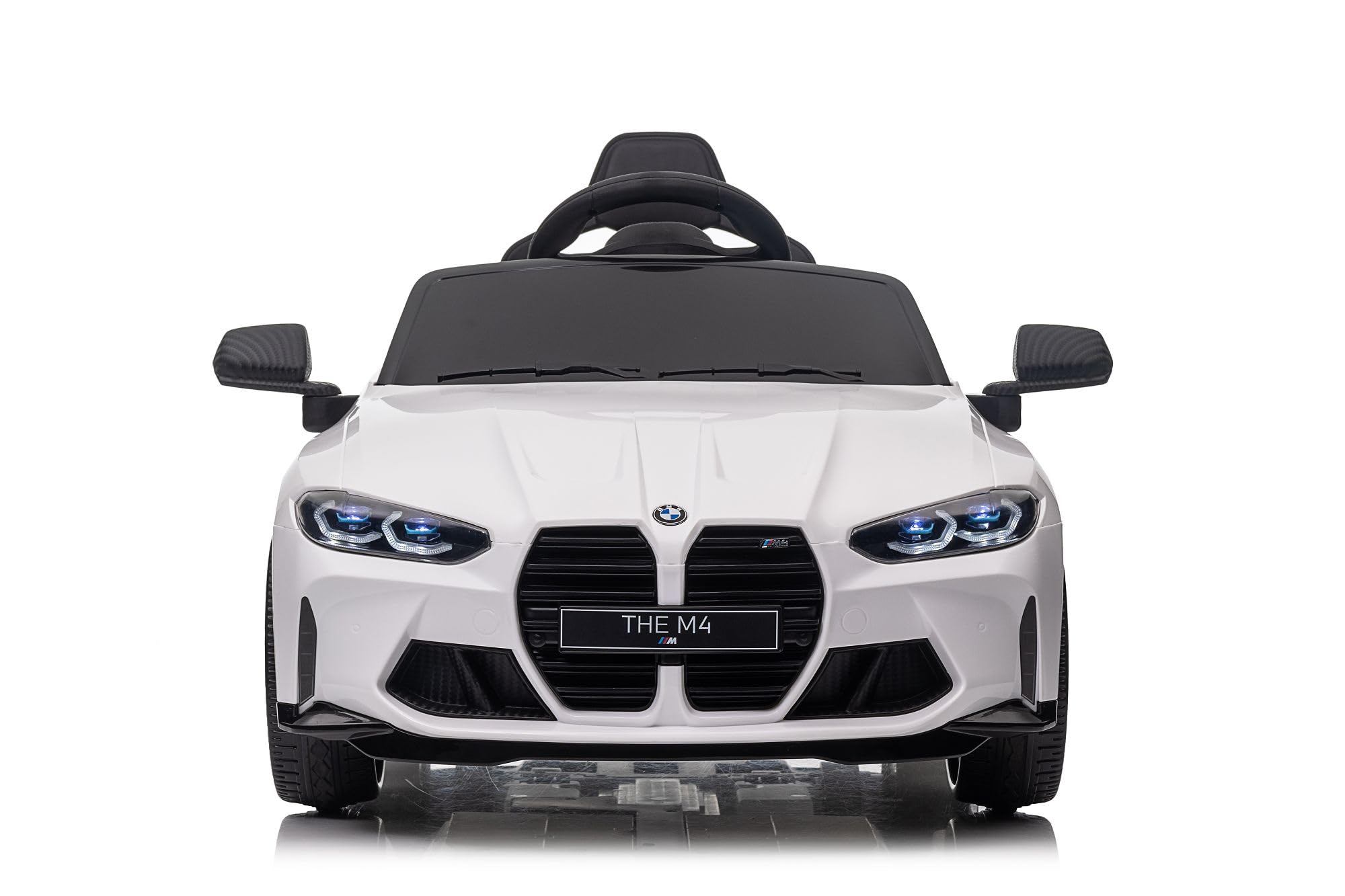 Coche infantil eléctrico BMW M4 – Licencia – Batería de 12 V7A – 2 motores – 2,4 GHz mando a distancia MP3, asiento de piel+EVA (blanco)