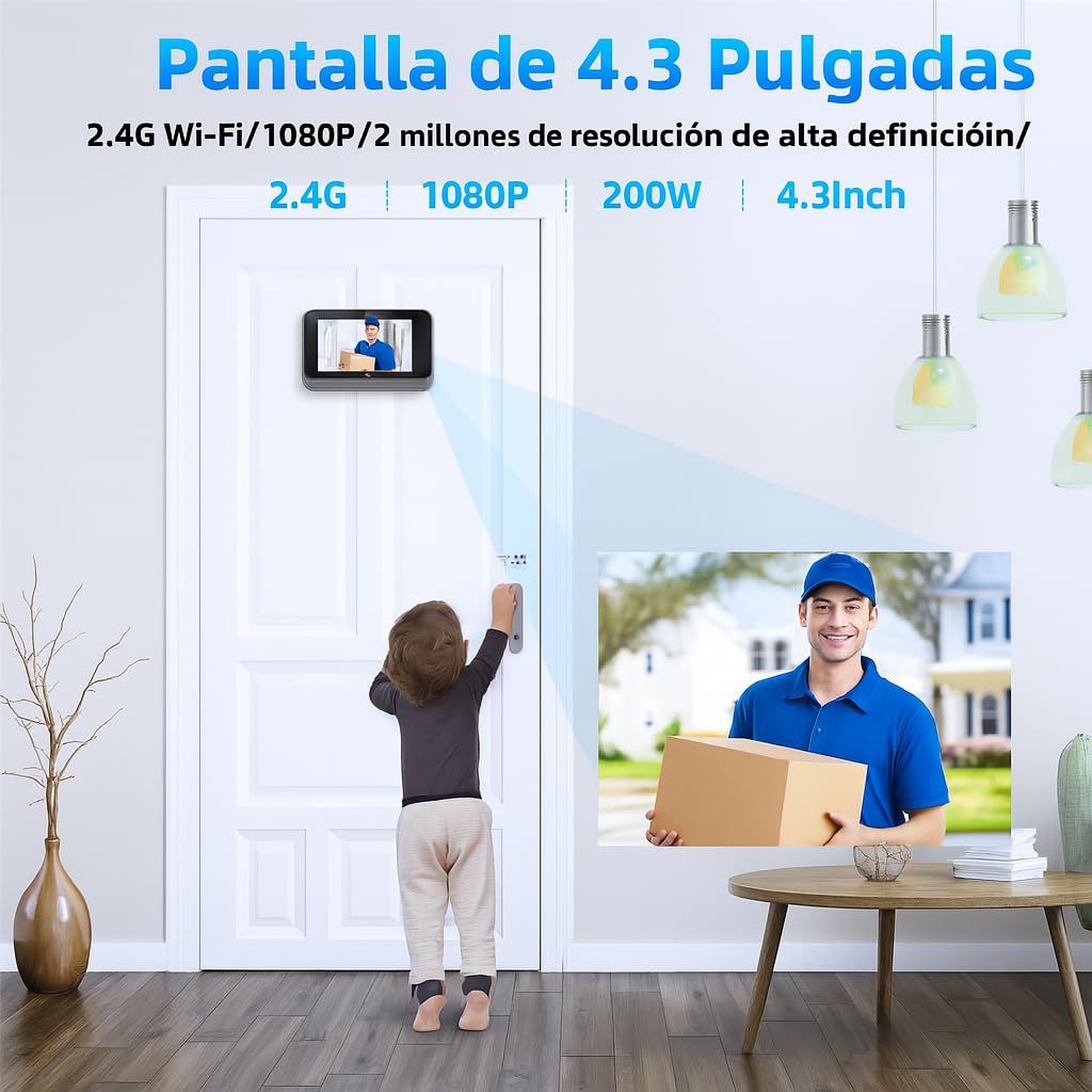 Genzo Mirilla Digital Puerta WiFi Grabadora -Camara Grabacion Wi-fi con Detector Movimiento - Pantalla de 4,3 Pulgadas 3MP 1080P - Batería Larga Duración de 5.000 mAh - Incluye Tarjeta Memoria 32 GB
