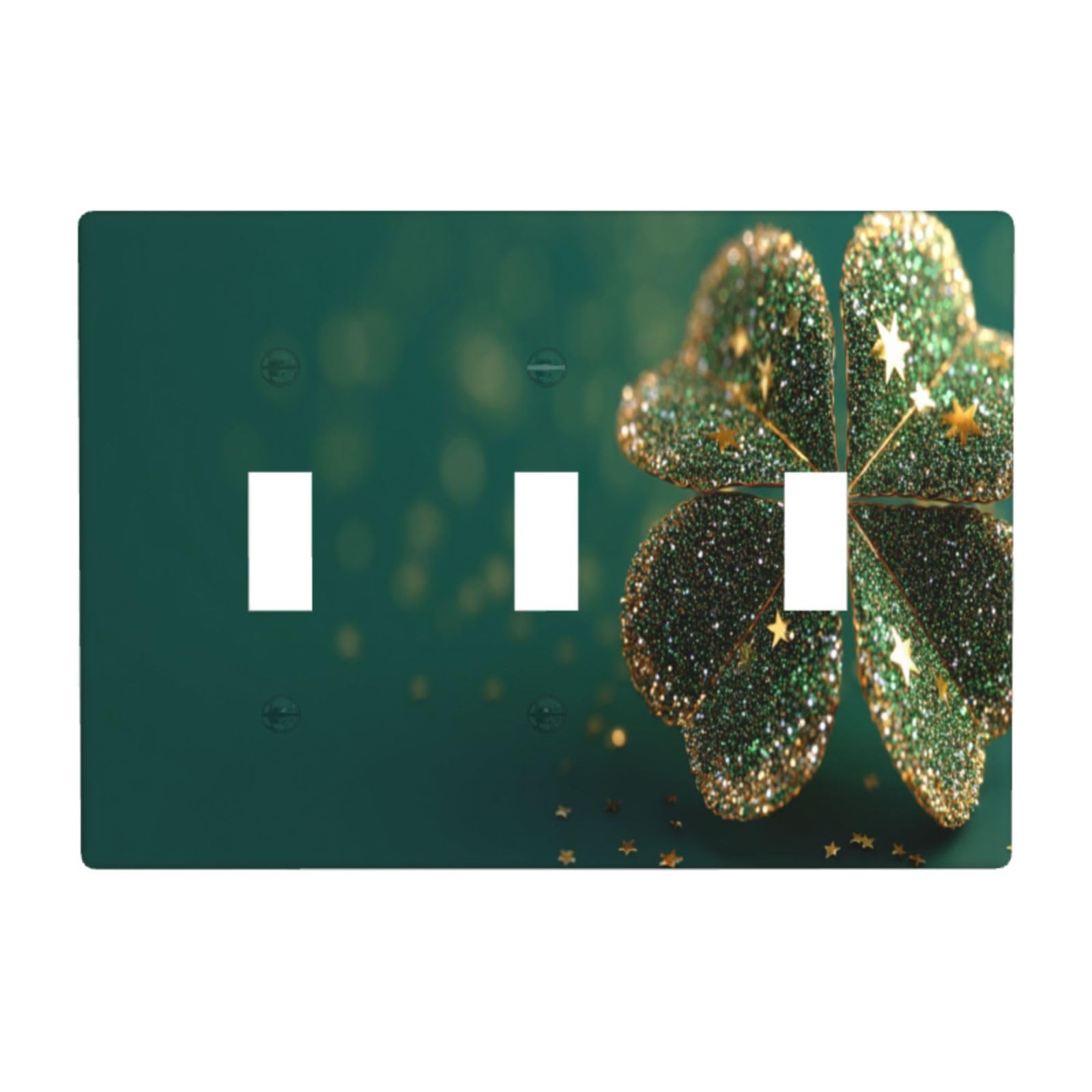 Four-Leaf Clover with Glittering Stars Light Switch Covers 3 Gang Triple Toggle Wall Plate Switchplate Electrical Faceplate for Bathroom Kitchen Bedroom Decor