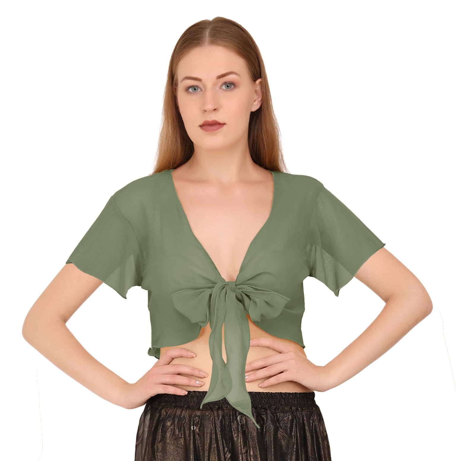 Indian Trendy Women's Chiffon Short Sleeve Tie Top Choli Blouse Belly Dance Gypsy Tie Front Cardigan Tops