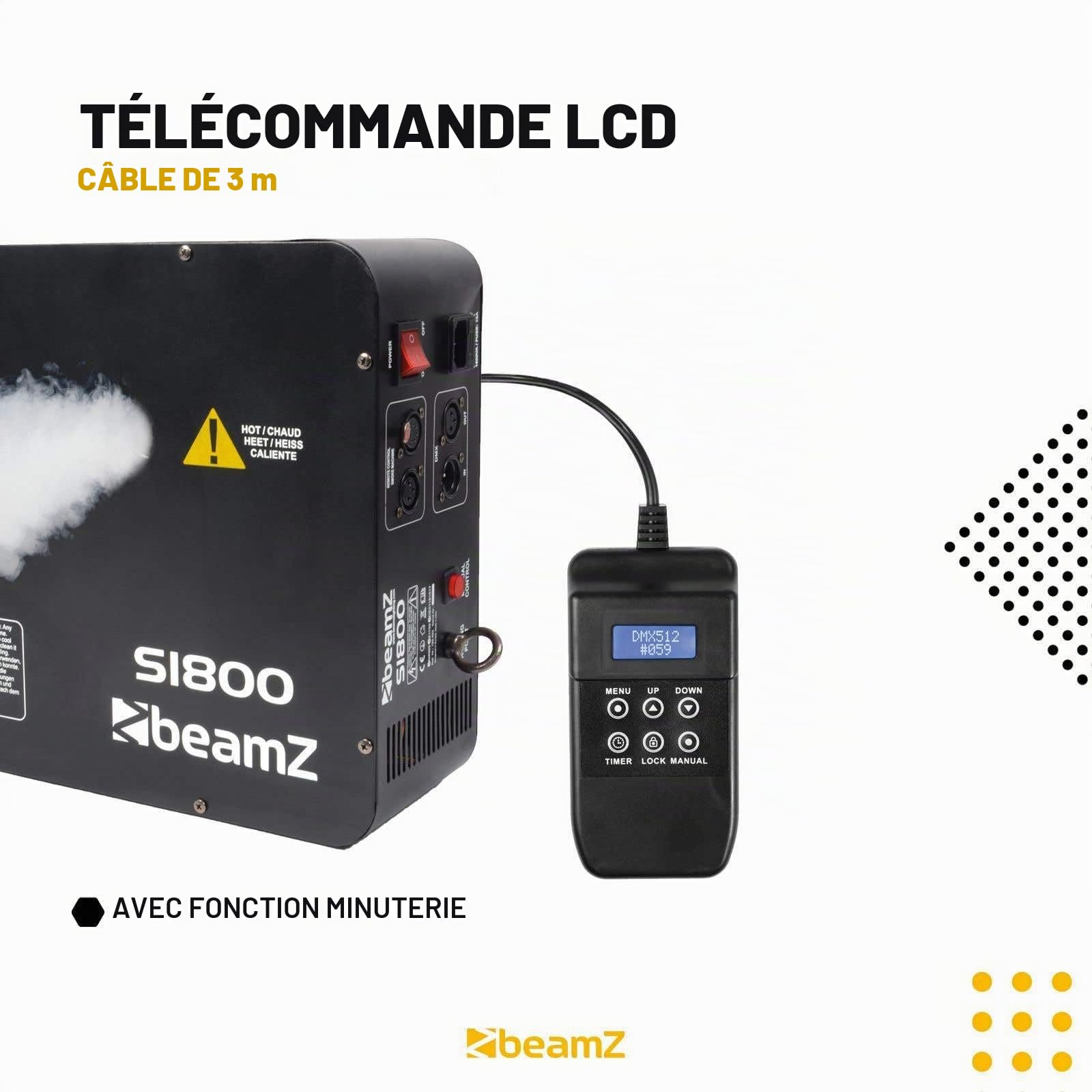 BeamZ S1800 Machine à Fumée 1800 W, DMX, Télécommande 3m, 350 m³ de Fumée par Minute, Position Horizontale ou Verticale, Réservoir Amovible 2,5 L, Idéal pour Concerts, Shows ou Discothèques