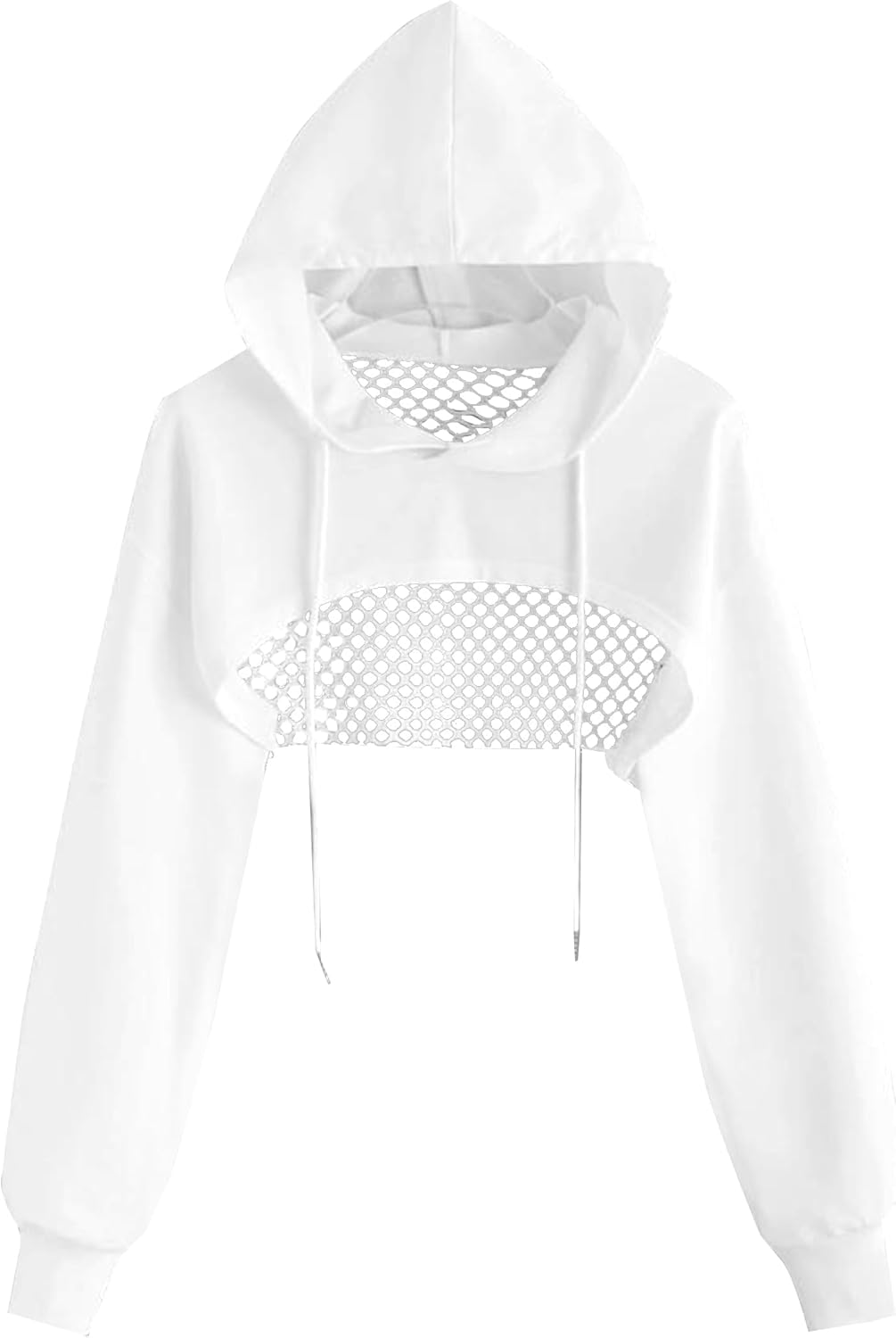 Remidoo Womens Cropped Hoodie Fishnet Long Sleeve Crop Top Hollow Out Drawstring Sweatshirt