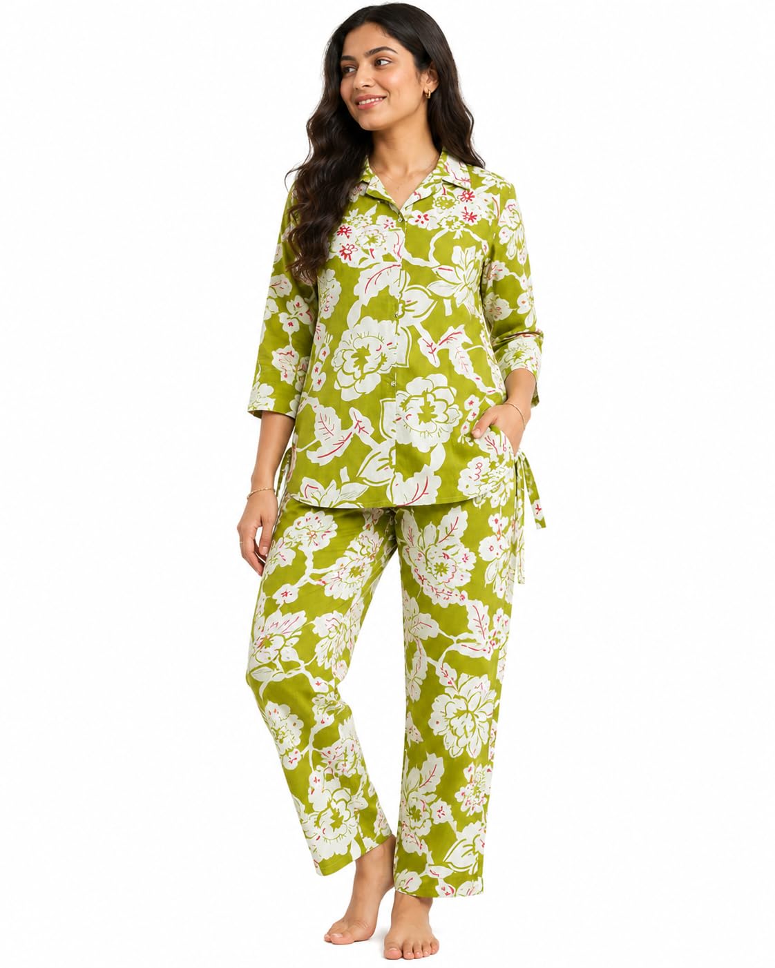 Women's Green Floral Printed Cotton Co-Ord Set | Stylish Button-Down Shirt & Straight Pants | Casual Lounge, Travel & Everyday Wear Outfit-L-picture-47