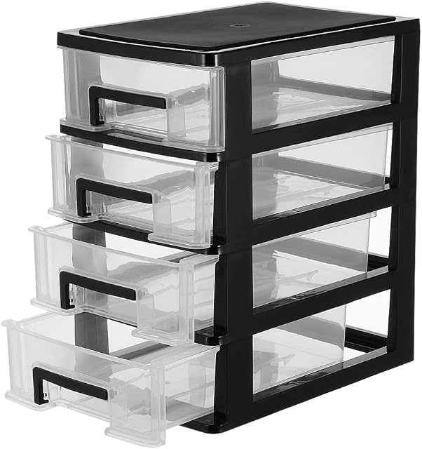 WINOMO Drawer Storage Four Layer Plastic Drawer Organizer Shelf Storage Rack Storage Box for Office Bedroom Home (Black and Transparent)