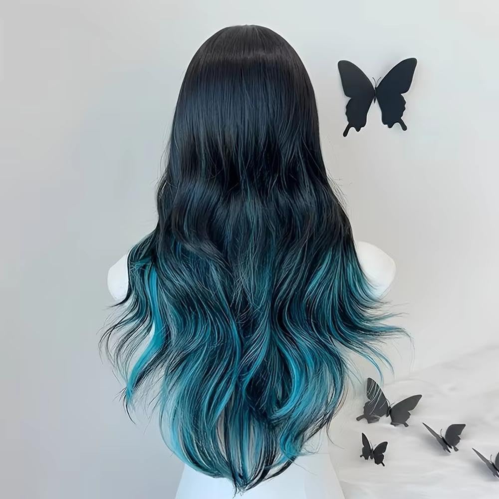 Haarpflege Schwarz Blau Grün Farbverlauf Flauschige Lange Lockige Haarperücke | Blaue Ozeanfarbe Neue Big-Wave-Temperament-Perücke