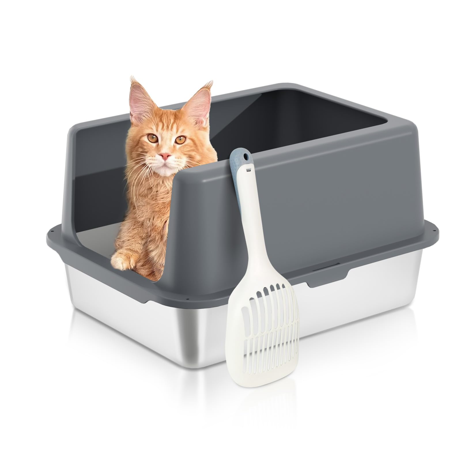 Stainless Steel cat Litter Box, Covered Metal Litter Box, cat Litter Pans with high Sides, Kitty Litter Boxes for Indoor Cats (Non Sticky, Easy to Clean, Anti-Urine Leakage) 17.5" L x 13.5" W x 4" H