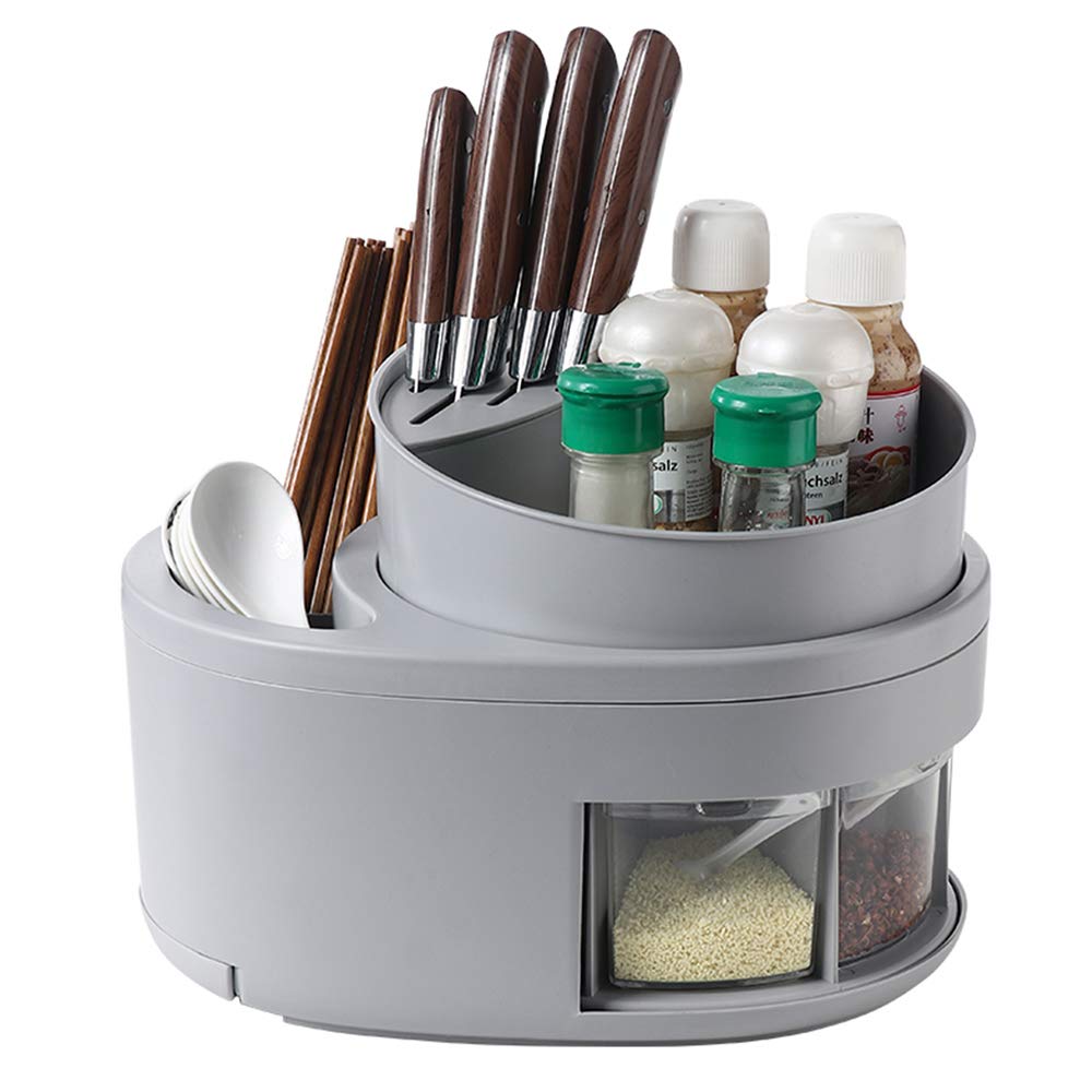 ZYYX Revolving Seasoning Turntable With 5 Spice Compartment, Plastic Spice Rack, Multi-Functional Tray In Kitchen, For Bottles Condiment, Gray White