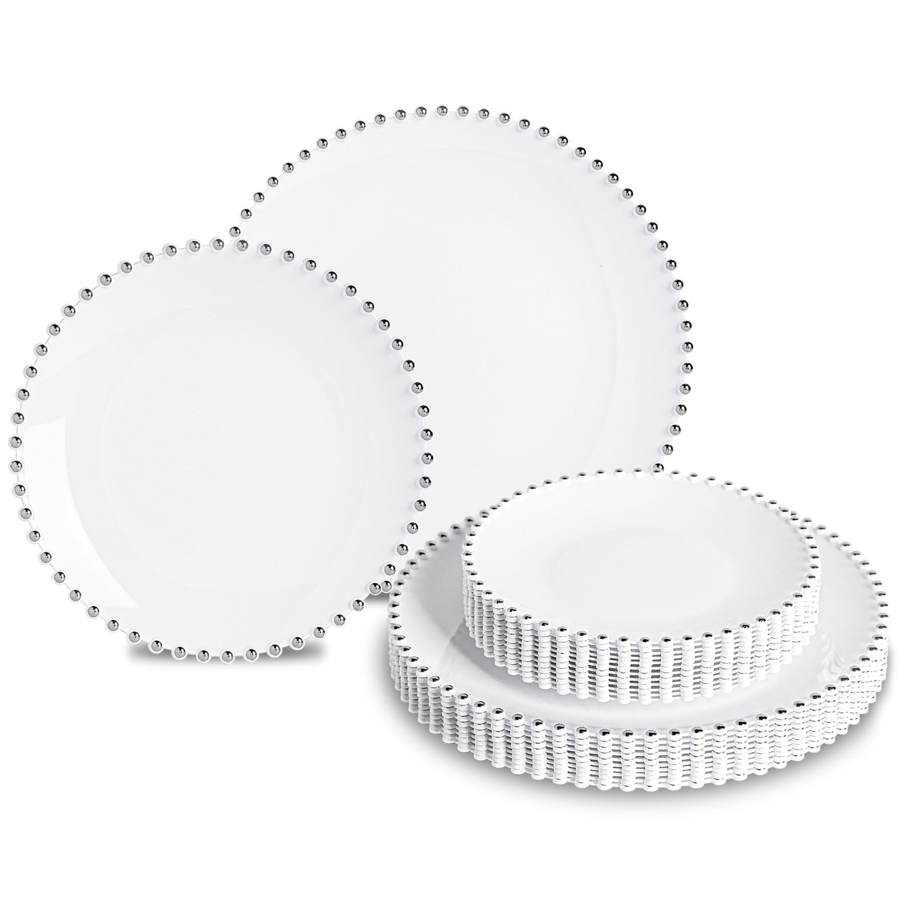 HOMIP 50PCS Fancy Disposable Dinnerware Party Set, Elegant Plates Include 25Pcs Dinner Plate 10", 25Pcs Dessert Plate 7" with Silver Bead Rimed,