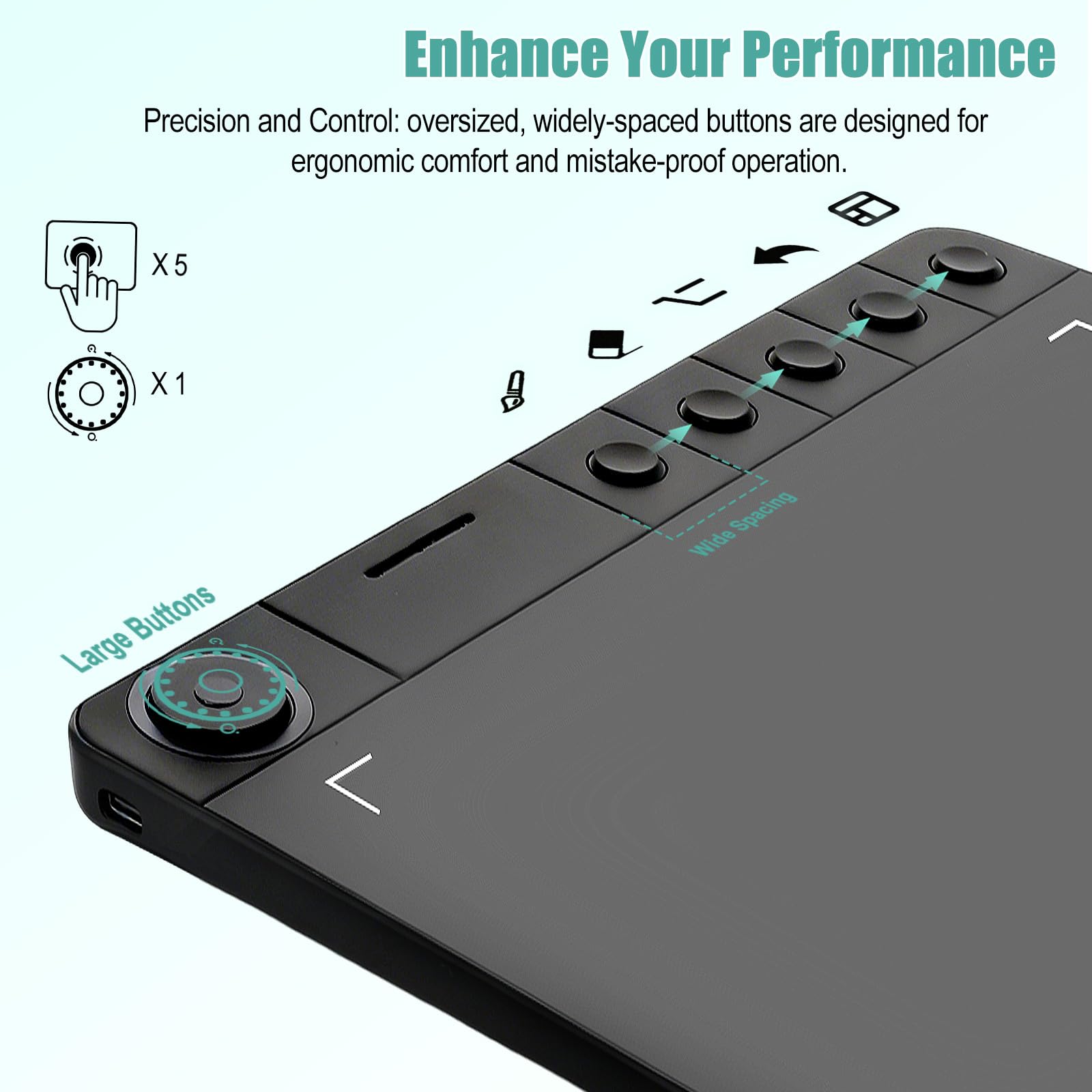 Tavoletta grafica da disegno con 5 tasti di scelta rapida, 9 x 5 pollici, penna digitale con quadrante rapido e stilo passivo senza batteria, compatibile con Android/Windows/Mac OS