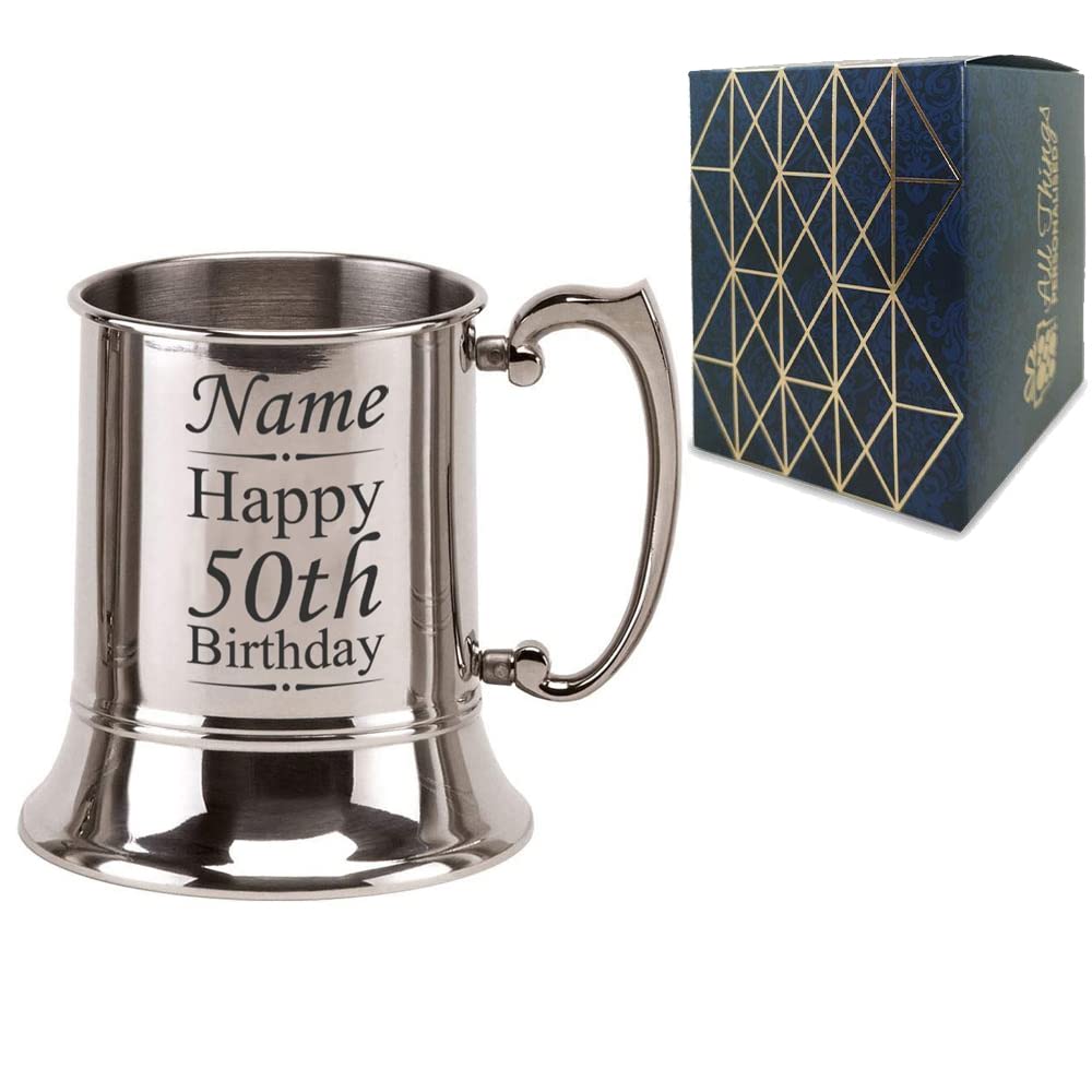 Personalised Engraved Novelty Stainless Steel Birthday Tankard, Name, Happy .. Birthday, Personalise with Any Name and Age