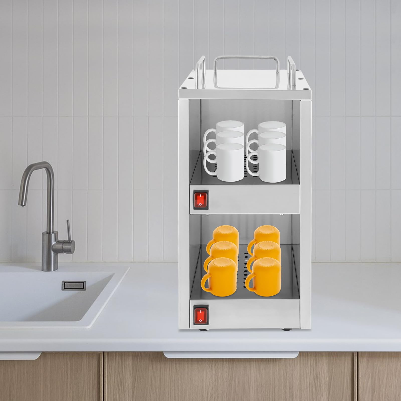 Calentador de tazas profesional de acero inoxidable con compartimentos térmicos de dos niveles, calentador de platos, calentador de platos eléctrico, vitrina caliente para gastronomía, 25 x 32 x 55,5