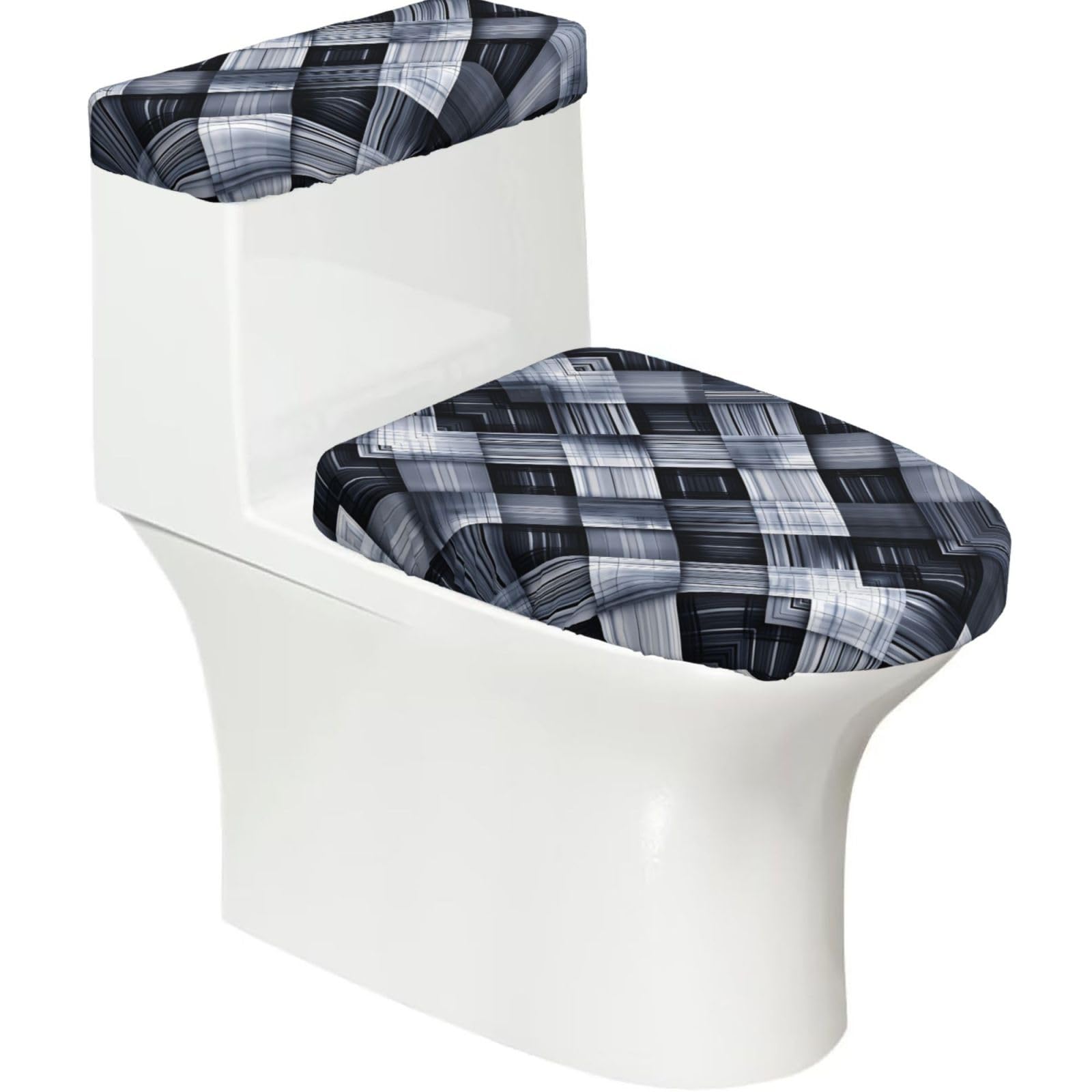 Gray and White Checkered Fabric 2-Piece Toilet Seat Cover Set with Tank Lid - Elastic for U-Shape & Elongated - Bathroom Decor