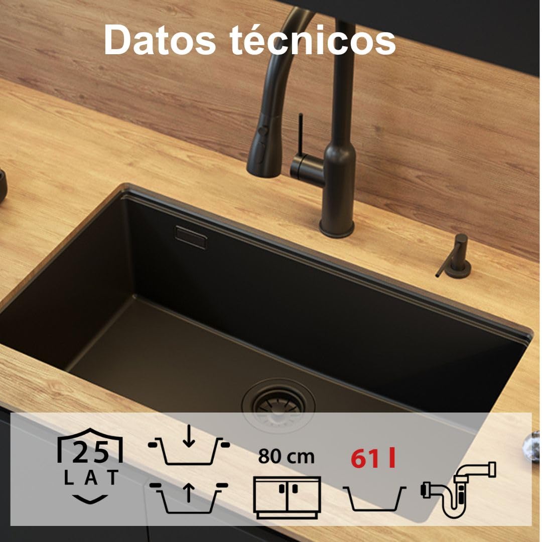 QUADRON Fregadero de un seno Fregadero de granito cocina | tamaño 70 x 37 x 23,5 cm Color: Topo suave y acero | Fregadero LOGAN 110 | Fregadero bajo encimera Base de armario a partir de 80 cm