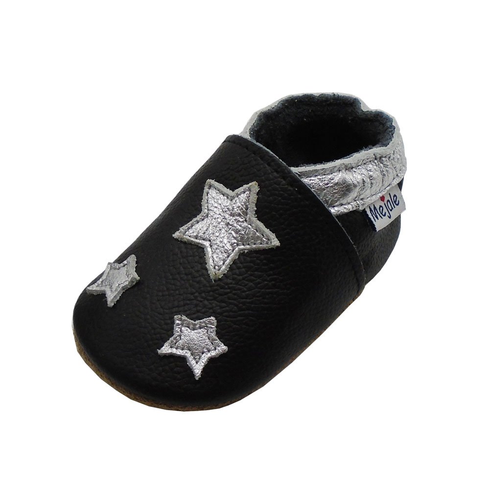 Mejale Soft Sole Leather Baby Crib Shoes Infant Toddler Prewalkers Moccasins 0-3 Years (6-7 US Infants/12-18 Mo./5.5 in, Black, Silver Stars)