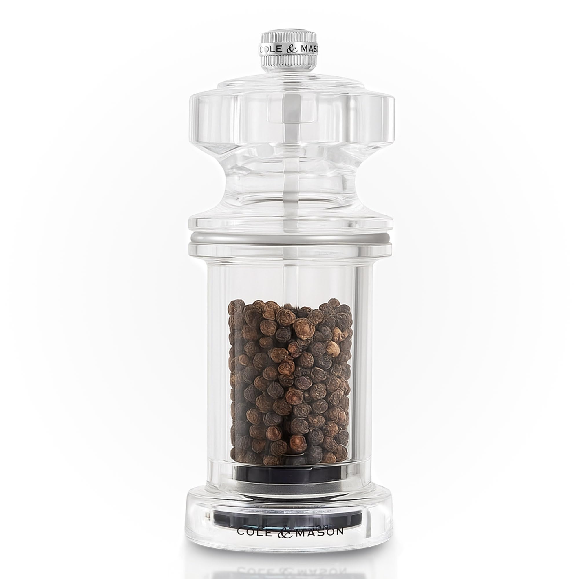 Cole & Mason 605 Pepper Mill, Adjustable Precision+ Carbon Steel Mechanism, Pepper Grinder for Seasoning/Cooking, Acrylic, 144mm, Lifetime Mechanism Guarantee