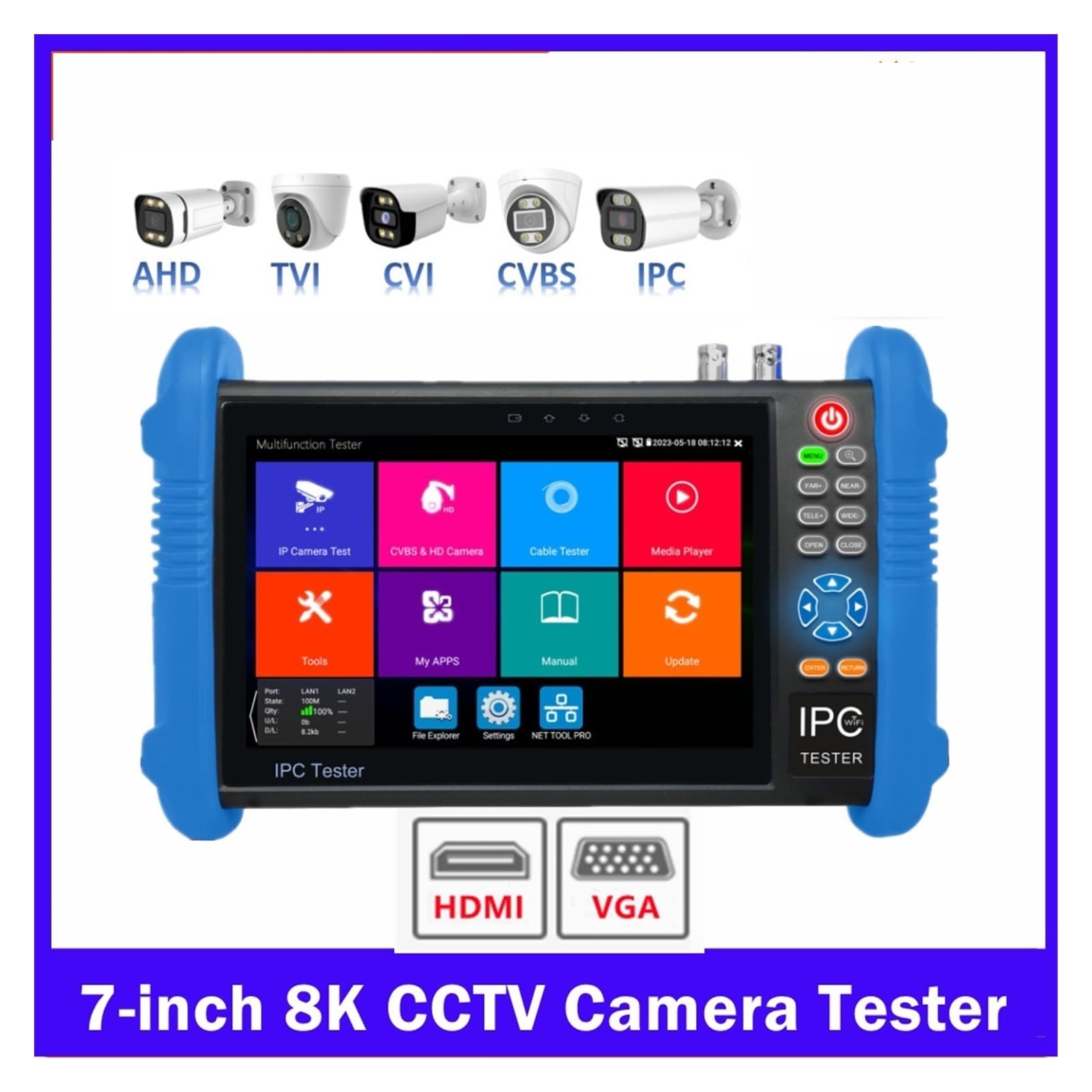 Testeur de vidéosurveillance, Testeur De Vidéosurveillance IPC-9800ADH 8K IPC8MP AHD CVI TVI, Caméra, Câble UTP, PoE IP, Entrée HDMI VGA, Sortie Puissance, CCTV IPC